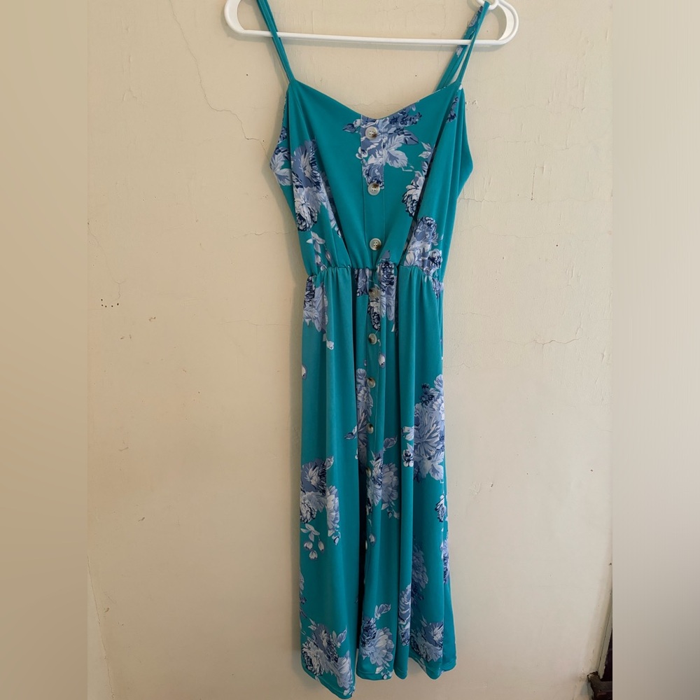Anna Morgan teal, blue and white floral midi dress spaghetti straps size M